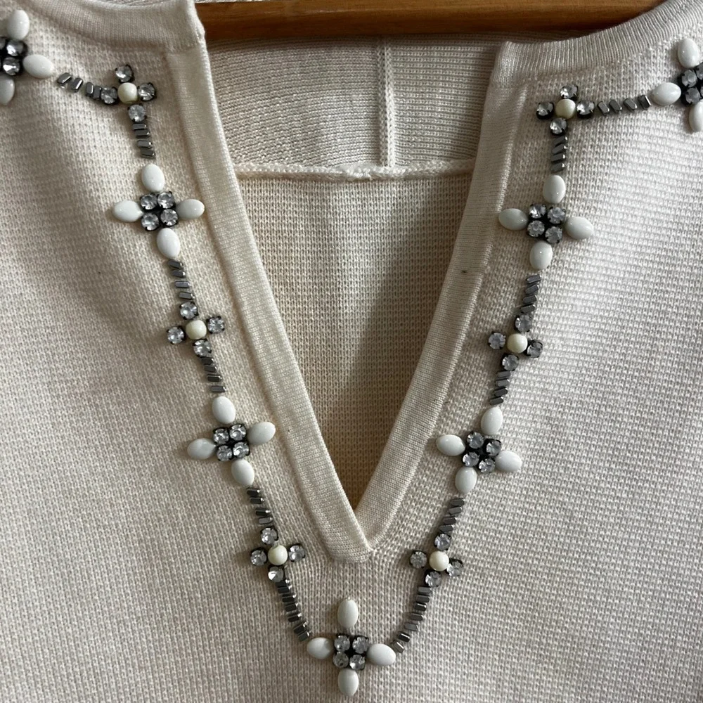 Tory Burch Embellished Merino Wool Sweater Cream Women Size M Crystal V-Neck